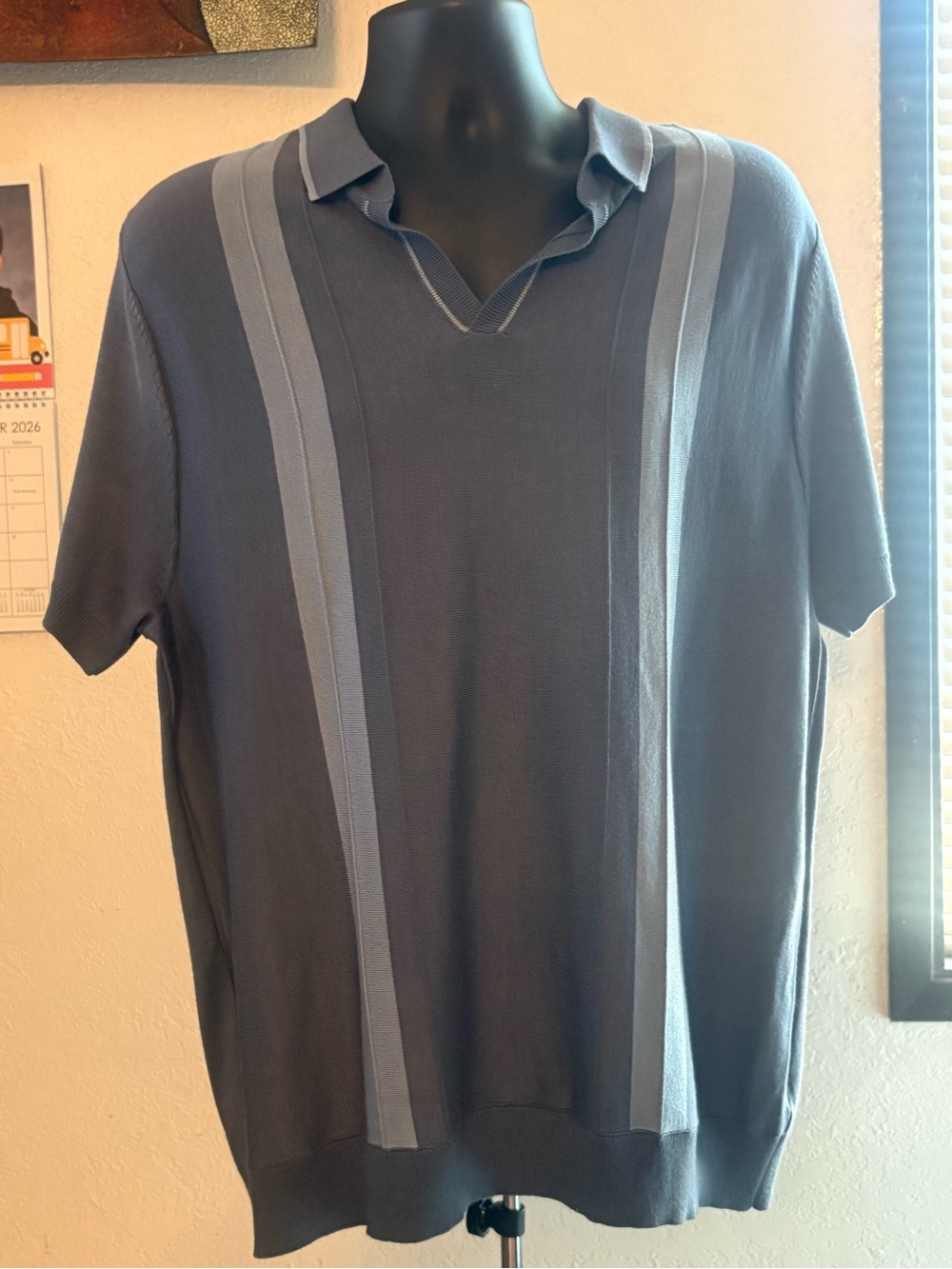 Men's Charcoal Short-Sleeve Polo with Light Gray Vertical Stripes